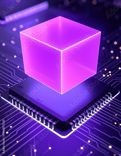 Purple glowing cube above black microchip on circuit board with glowing lines and dots, futuristic tech atmosphere, digital innovation.