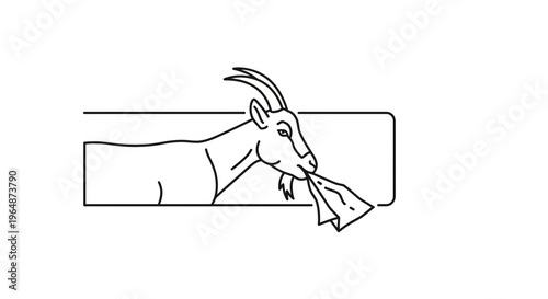 Minimalist line art illustration featuring a horned goat chewing on a crumpled piece of paper or