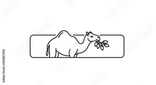 Minimalist monochrome outline of a dromedary savoring green foliage within a crisp rectangular