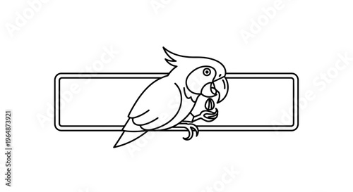 Minimalist line art illustration of a crested parrot holding a seed while perched on a banner