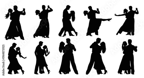 Ballroom Dance Silhouettes: Couples Dancing Elegant Waltz and Tango Poses