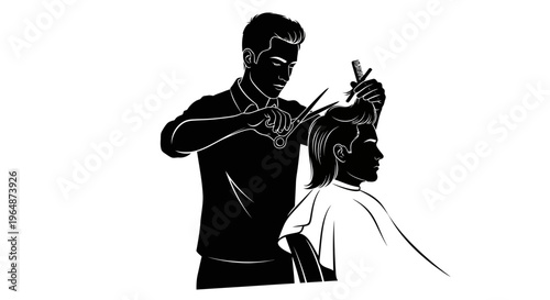 Barber cutting client's hair with scissors, silhouette illustration