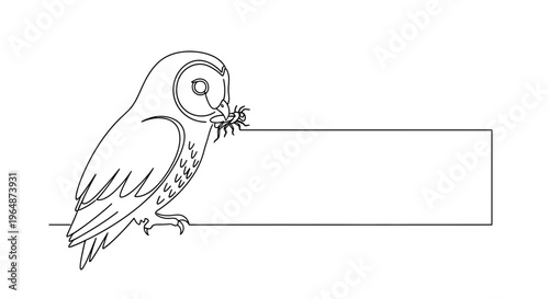 Minimalist continuous line art illustration of an owl holding a beetle on a plain background for