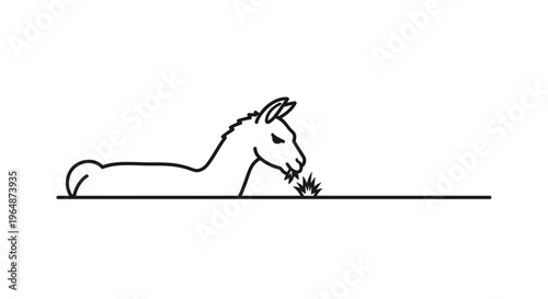 Minimalist line art illustration of a serene donkey grazing on sparse grass in a simplified field