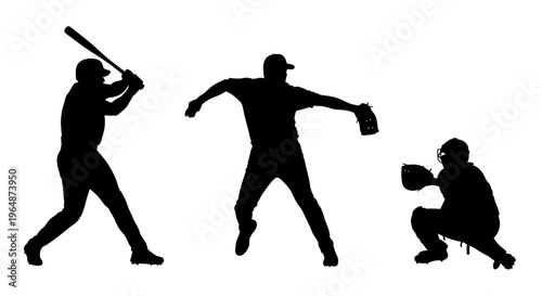 Baseball players silhouettes: batter, pitcher, catcher on white background