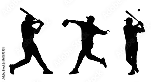 Baseball Player Silhouettes: Batter, Pitcher, and Hitter Actions