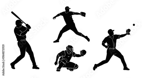 Baseball Player Silhouettes: Batter, Pitcher, Catcher, and Fielder Action Poses