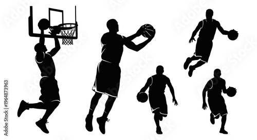 Basketball Player Silhouettes: Dunk, Jump, Dribble, and Shoot Actions
