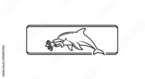 Graceful dolphin line art illustration capturing a squid in a minimalist framed design,