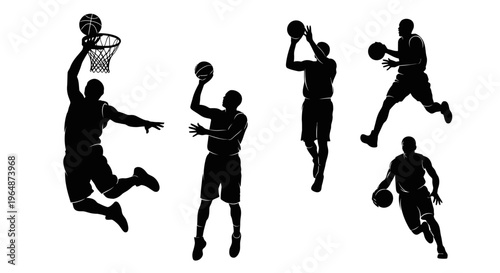 Basketball Player Silhouettes: Dunking, Shooting, Dribbling Actions