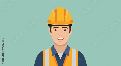 Construction worker portrait, smiling man in hard hat and safety vest, flat design
