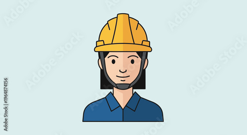 Construction worker portrait, yellow helmet, blue uniform, flat design, light blue background