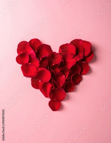 Red rose petals arranged in a heart shape on a pink background, perfect for romantic themes and celebrations.