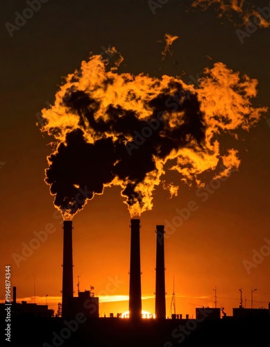 Smoke billowing from industrial chimneys at sunset, orange sky, silhouettes of buildings and power lines, environmental impact, pollution awareness.