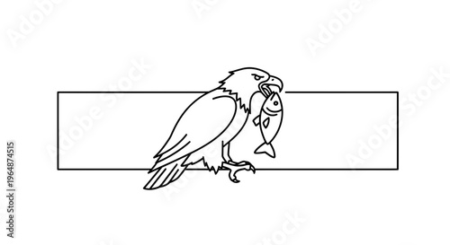 Monochromatic linework illustration depicting a majestic bird of prey clutching its fresh catch