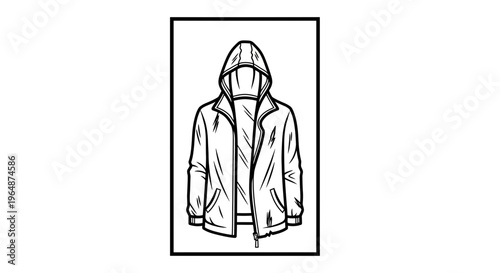 Stylized black and white drawing of a contemporary hoodie essential for apparel designs and