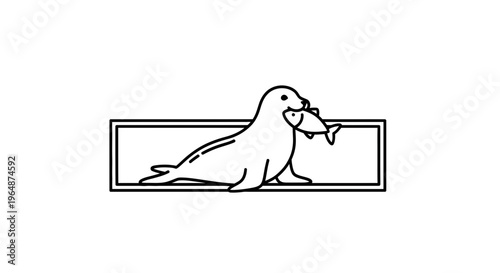 Minimalist black and white line art illustration of a cheerful seal holding a fish in its mouth