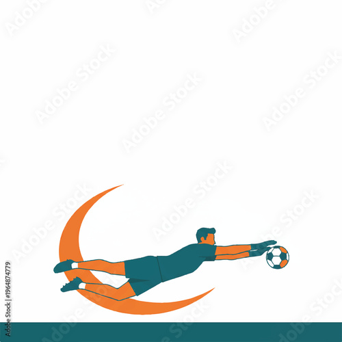 A minimalist flat vector illustration of a goalkeeper diving to save a ball, sharp edges and geometric forms, limited color palette of teal and orange, generous white space, clean and