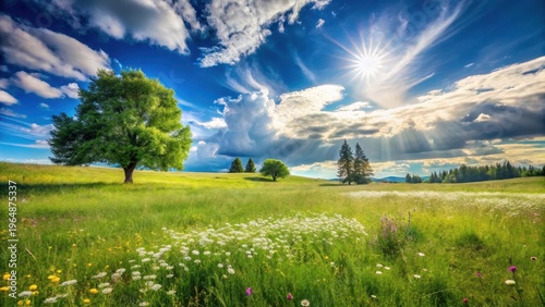 Radiant Sunbeams Illuminate a Verdant Meadow with Blooming Wildflowers and Majestic Trees