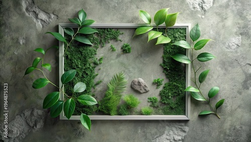 Serene Minimalist Botanical Composition Featuring Lush Greenery and Natural Stone Accents within a Simple Frame on a Textured Surface