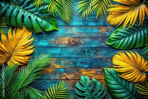 Lush Tropical Foliage Arranged on a Rustic Wooden Background, Ideal for Summer Themed Designs and Projects