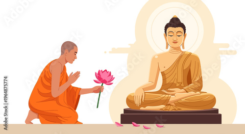 Buddha statue with monk offering flower.