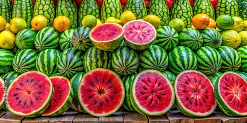 A vibrant display of juicy watermelons and citrus fruits, ripe and ready for summer enjoyment