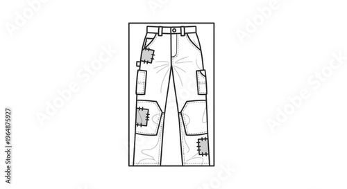 Technical illustration of durable cargo pants featuring multiple utility pockets and patched