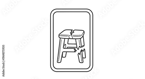 Iconic illustration of a damaged wooden stool with a fractured seat and splintered leg,