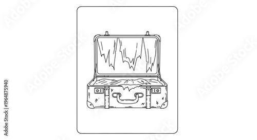 Minimalist line drawing of an old-fashioned open luggage case packed for a journey