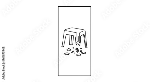 Illustrative depiction of a damaged plastic stool with fractured components scattered below
