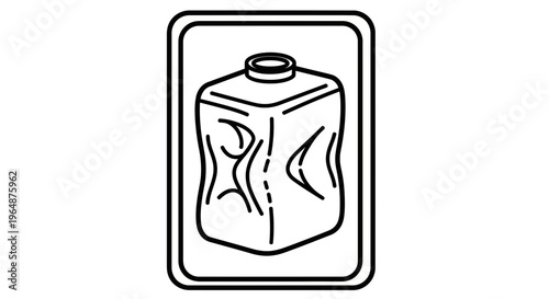 Minimalist line art illustration of a crumpled or dented plastic container with an open top inside