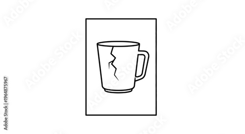 A simple black and white line drawing depicting a cracked ceramic mug, symbolizing fragility or