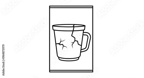 Minimalist black and white line illustration of a broken ceramic mug with visible cracks