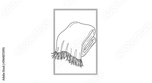 Minimalist black and white outline illustration of a comfortable fringed blanket folded cleanly