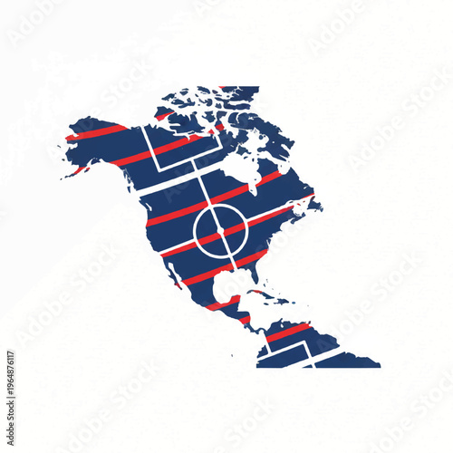 Minimalist map of North America featuring stylized soccer field lines across the continent, high contrast white background with accents of deep blue and red, bright even lighting, energetic yet