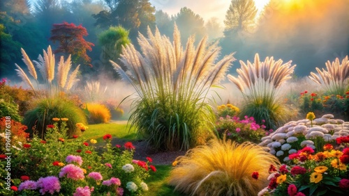 Serene Dawn in a Vibrant Floral Garden with Ornamental Grasses Bathed in Golden Sunlight