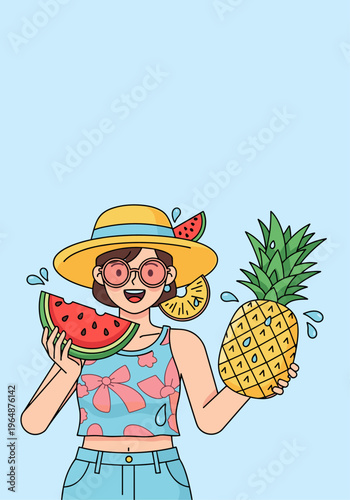 Happy woman holding watermelon and pineapple fun summer flat illustration