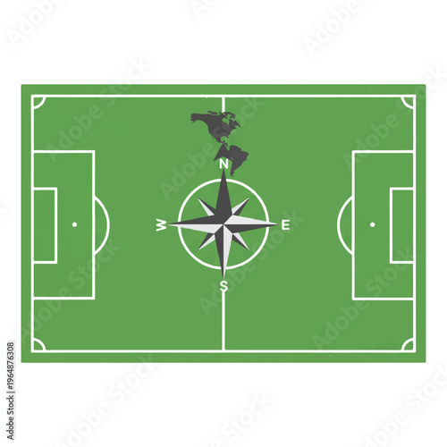 A top-down minimalist view of a soccer field with a stylized compass pointing towards North America, clean white background, limited color palette of forest green and grey, sharp vector strokes.