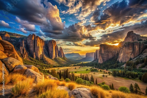 Golden Hour Serenity A Breathtaking Panorama of Majestic Cliffs, Verdant Valley, and Dramatic Sunset Sky