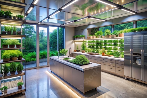 Modern Kitchen Design Featuring an Integrated Indoor Herb Garden and Sleek Appliances