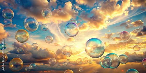 Dreamy iridescent bubbles float serenely against a vibrant sunset sky, a spectacle of nature's artistry and ephemeral beauty.