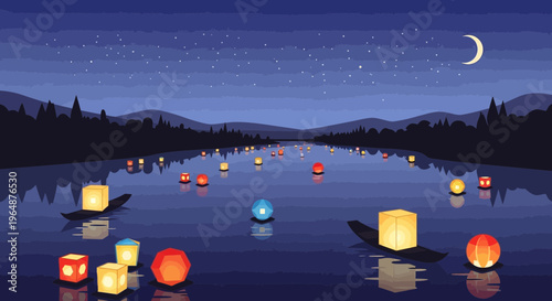 фотографія Colorful paper lanterns floating on water.