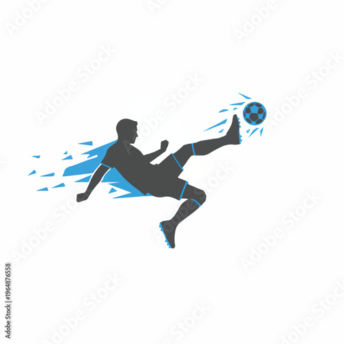 A dynamic minimalist silhouette of a soccer player performing a bicycle kick, high white space, clean limited color palette of charcoal and bright blue, sharp edges, professional athletic