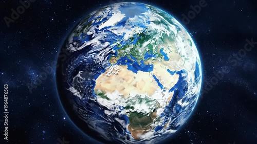 Planet sphere viewed from deep space showing continents and clouds