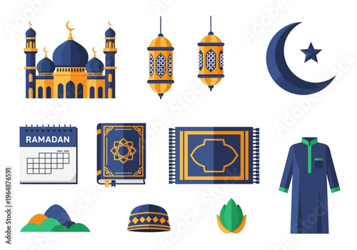 Ramadan Mubarak and Islamic Icons Set Flat Vector Illustration with Mosque, Lantern, Crescent Moon, Quran, Prayer Mat, and Traditional Clothing