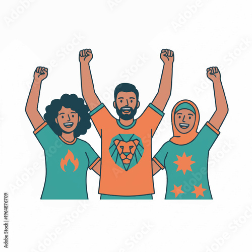 Three diverse soccer fans in stylized minimalist jerseys cheering together, flat character design, plenty of white space for copy, limited color palette of teal and orange, crisp edges,