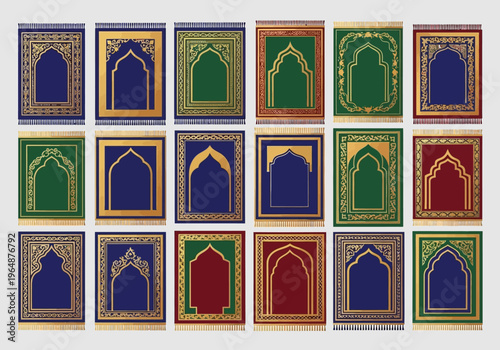 Collection of Ornamental Islamic Prayer Mats with Traditional Gold Patterns in Various Colors - Sajadah Set for Ramadan and Eid