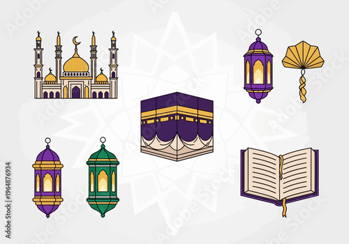 Islamic Icon Set for Ramadan and Eid, Vector Illustration featuring Kaaba, Mosque, Fanous Lanterns, Quran, and Ornaments for Hajj and Umrah Celebrations