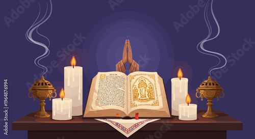 Holy Bible with burning candles.